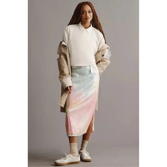 Hutch Anthropologie Rainbow Ombré Sequin Mesh Midi Slip Skirt Size M - Picture 2 of 11